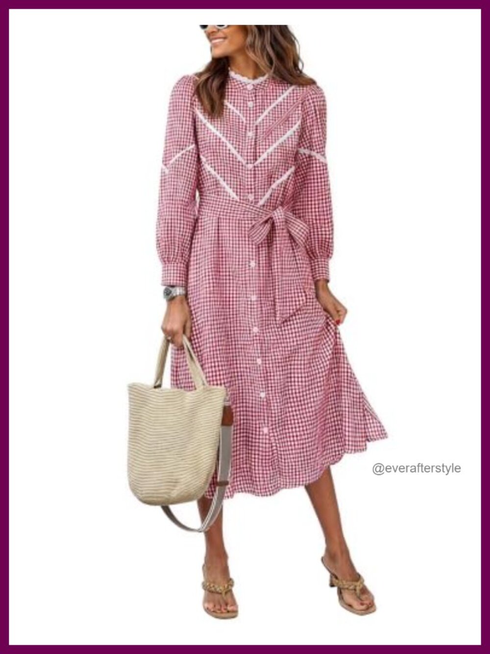 Womens Mock Neck Gingham Midi Dress Long Balloon Sleeve Button Down Tie Waist